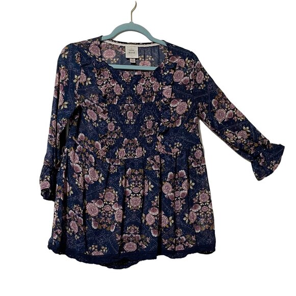 Knox Rose Size XS Boho Floral Smocked Peasant Blouse Navy Pink Lace Hem - Picture 2 of 9